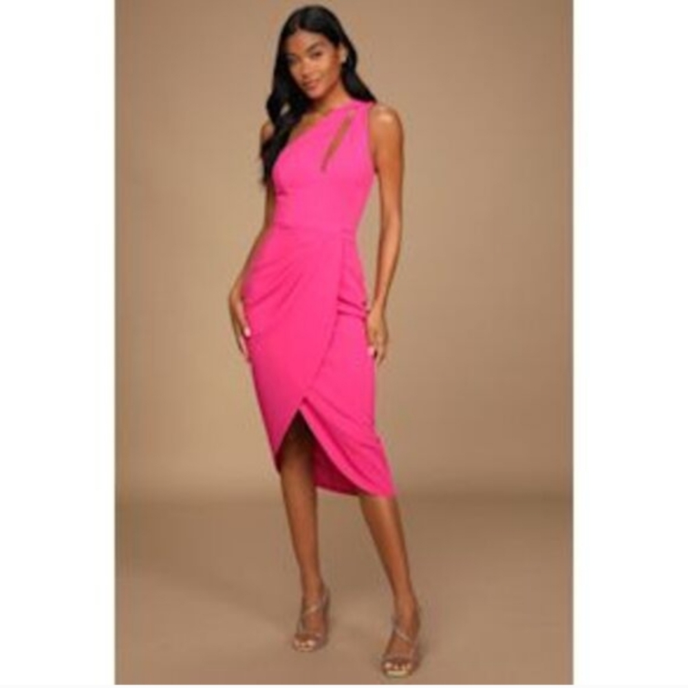 Lulu's Vibrant Hot Pink One-Shoulder Midi Dress